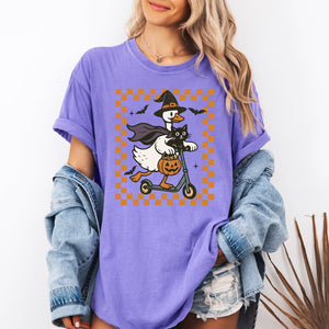 Funny Halloween Goose With Black Cat Witch Checkered Scene Artwork Comfort Colors Tee — view 7