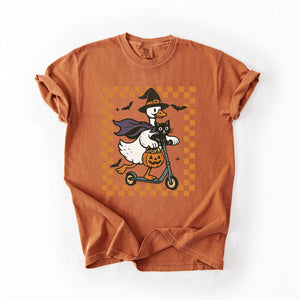 Funny Halloween Goose With Black Cat Witch Checkered Scene Artwork Comfort Colors Tee — view 8