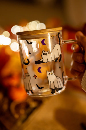 Halloween Ghost Cat Glass Cup – Coffee & Iced Drink Mug, Spooky Gift — view 2