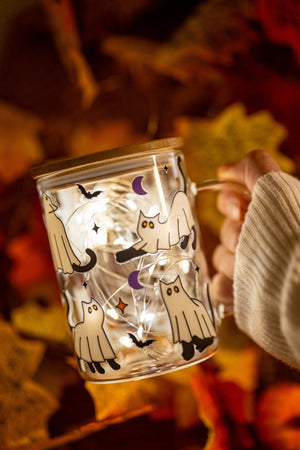 Halloween Ghost Cat Glass Cup – Coffee & Iced Drink Mug, Spooky Gift — view 4