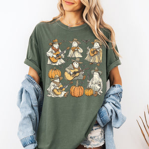 Ghost Cowboys Halloween Bats Spooky Western Outlaws Under Moonlit Sky With Whimsical Ghost Town Charm Comfort Colors Tee — view 2
