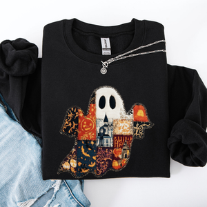 Ghost Faux Quilt Classic Halloween Fall Cozy Nights Festive Timeless Spooky Style Sweatshirt — view 3
