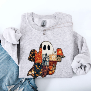 Ghost Faux Quilt Classic Halloween Fall Cozy Nights Festive Timeless Spooky Style Sweatshirt — view 4
