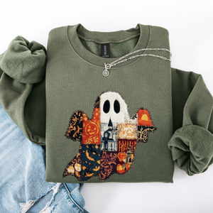 Ghost Faux Quilt Classic Halloween Fall Cozy Nights Festive Timeless Spooky Style Sweatshirt — view 2