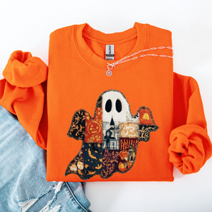 Ghost Faux Quilt Classic Halloween Fall Cozy Nights Festive Timeless Spooky Style Sweatshirt — view 5