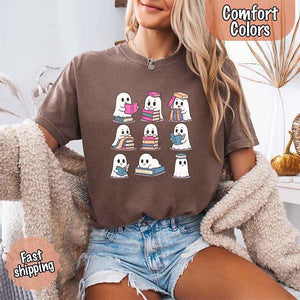 Ghost Reading Comfort Colors Shirt – Spooky Book Lover Halloween Tee — view 2