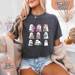 Ghost Reading Comfort Colors Shirt – Spooky Book Lover Halloween Tee — view 1