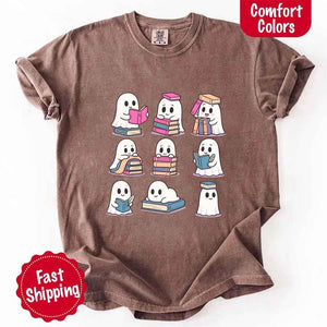 Ghost Reading Comfort Colors Shirt – Spooky Book Lover Halloween Tee — view 3