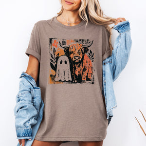 Ghost And Cow Autumn Halloween Spooky Fall Nighttime Charm Whimsical Boo Duo Graphic Tee — view 1