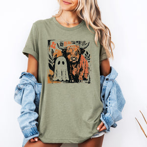 Ghost And Cow Autumn Halloween Spooky Fall Nighttime Charm Whimsical Boo Duo Graphic Tee — view 3