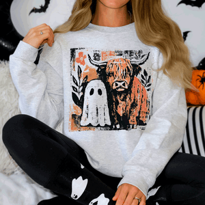 Ghost and Cow Cute Autumn Halloween Spooky Fall Cozy Nostalgic Seasonal Sweatshirt — view 1
