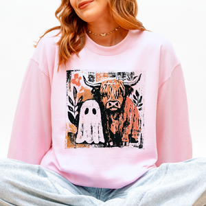 Ghost and Cow Cute Autumn Halloween Spooky Fall Cozy Nostalgic Seasonal Sweatshirt — view 3