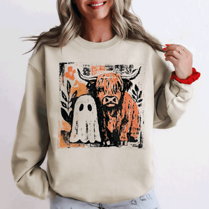 Ghost and Cow Cute Autumn Halloween Spooky Fall Cozy Nostalgic Seasonal Sweatshirt — view 2