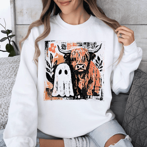 Ghost and Cow Cute Autumn Halloween Spooky Fall Cozy Nostalgic Seasonal Sweatshirt — view 4