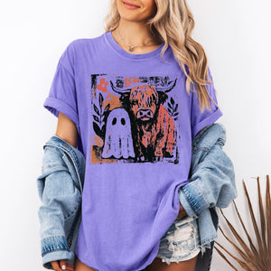 Ghost And Cow Cute Autumn Halloween Spooky Season Cozy Night Village Harvest Moon Comfort Colors Tee — view 7