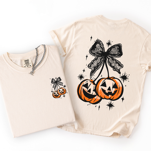 Halloween Cherry Pumpkins Whimsical Front And Back Print Colorful Graphic Soft Cotton Comfort Colors Tee — view 6