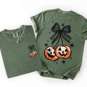 Halloween Cherry Pumpkins Whimsical Front And Back Print Colorful Graphic Soft Cotton Comfort Colors Tee — view 2