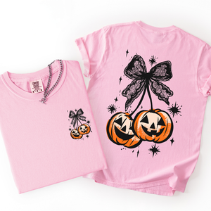 Halloween Cherry Pumpkins Whimsical Front And Back Print Colorful Graphic Soft Cotton Comfort Colors Tee — view 1