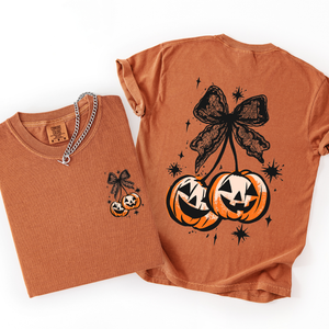 Halloween Cherry Pumpkins Whimsical Front And Back Print Colorful Graphic Soft Cotton Comfort Colors Tee — view 3