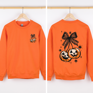 Halloween Cherry Pumpkins Festive Autumn Night Display Cozy Seasonal Print Sweatshirt — view 3