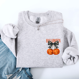 Halloween Jack o Lanterns Cherry Coquette Graphic Print Cozy Autumn Collection Pocket Sweatshirt — view 2