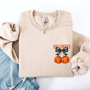 Halloween Jack o Lanterns Cherry Coquette Graphic Print Cozy Autumn Collection Pocket Sweatshirt — view 1