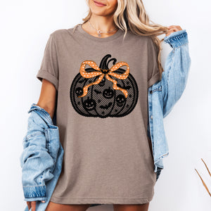 Halloween Pumpkin Faux Lace Coquette Ribbon Bows Embroidered Details Vintage Gothic Style Graphic Tee — view 2