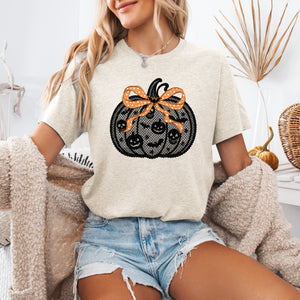 Halloween Pumpkin Faux Lace Coquette Ribbon Bows Embroidered Details Vintage Gothic Style Graphic Tee — view 1