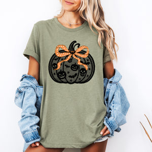 Halloween Pumpkin Faux Lace Coquette Ribbon Bows Embroidered Details Vintage Gothic Style Graphic Tee — view 3
