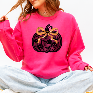 Halloween Pumpkin Faux Lace Coquette Ribbon Bows Embellished Velvet Accents Seasonal Collection Graphic Sweatshirt — view 7