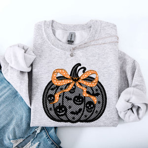 Halloween Pumpkin Faux Lace Coquette Ribbon Bows Embellished Velvet Accents Seasonal Collection Graphic Sweatshirt — view 5