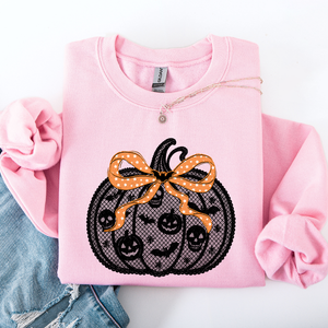 Halloween Pumpkin Faux Lace Coquette Ribbon Bows Embellished Velvet Accents Seasonal Collection Graphic Sweatshirt — view 9