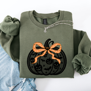 Halloween Pumpkin Faux Lace Coquette Ribbon Bows Embellished Velvet Accents Seasonal Collection Graphic Sweatshirt — view 6