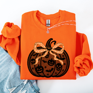 Halloween Pumpkin Faux Lace Coquette Ribbon Bows Embellished Velvet Accents Seasonal Collection Graphic Sweatshirt — view 3