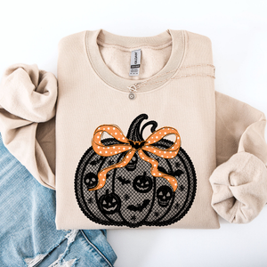 Halloween Pumpkin Faux Lace Coquette Ribbon Bows Embellished Velvet Accents Seasonal Collection Graphic Sweatshirt — view 4