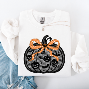 Halloween Pumpkin Faux Lace Coquette Ribbon Bows Embellished Velvet Accents Seasonal Collection Graphic Sweatshirt — view 8