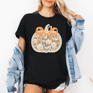 Halloween Pumpkin Faux Lace Coquette Ribbon Bows Embroidered Details Vintage Gothic Style Graphic Tee — view 4