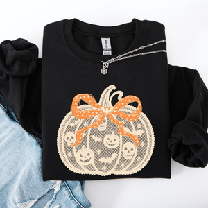 Halloween Pumpkin Faux Lace Coquette Ribbon Bows Embellished Velvet Accents Seasonal Collection Graphic Sweatshirt — view 1