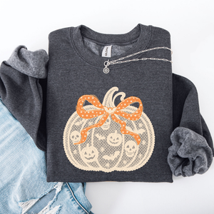Halloween Pumpkin Faux Lace Coquette Ribbon Bows Embellished Velvet Accents Seasonal Collection Graphic Sweatshirt — view 2
