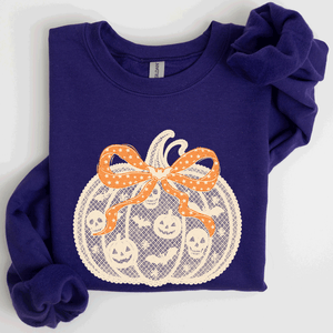 Halloween Pumpkin Faux Lace Coquette Ribbon Bows Embellished Velvet Accents Seasonal Collection Graphic Sweatshirt — view 10