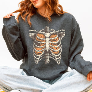 Halloween Skeleton, Pumpkins, Anatomy, Spooky Graphic Art Print For Halloween Season Sweatshirt — view 1