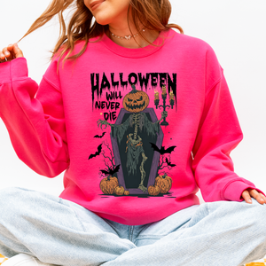 Halloween Will Never Die Spooky Jack O Lantern Pumpkin Haunted Autumn Night Graphic Illustration Collection Sweatshirt — view 7