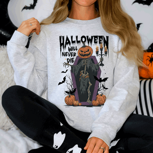 Halloween Will Never Die Spooky Jack O Lantern Pumpkin Haunted Autumn Night Graphic Illustration Collection Sweatshirt — view 2