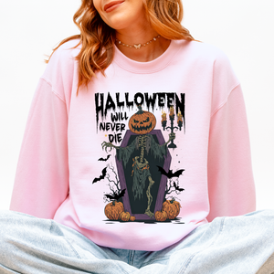 Halloween Will Never Die Spooky Jack O Lantern Pumpkin Haunted Autumn Night Graphic Illustration Collection Sweatshirt — view 8