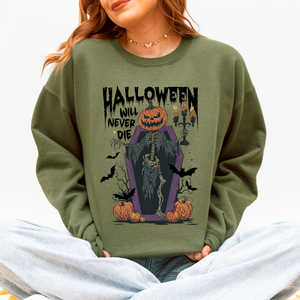 Halloween Will Never Die Spooky Jack O Lantern Pumpkin Haunted Autumn Night Graphic Illustration Collection Sweatshirt — view 5