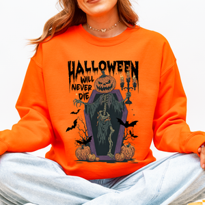 Halloween Will Never Die Spooky Jack O Lantern Pumpkin Haunted Autumn Night Graphic Illustration Collection Sweatshirt — view 9