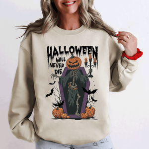 Halloween Will Never Die Spooky Jack O Lantern Pumpkin Haunted Autumn Night Graphic Illustration Collection Sweatshirt — view 3