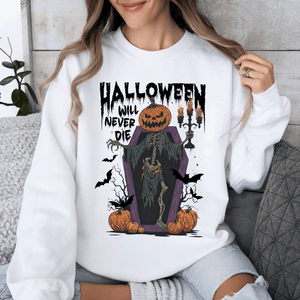 Halloween Will Never Die Spooky Jack O Lantern Pumpkin Haunted Autumn Night Graphic Illustration Collection Sweatshirt — view 6