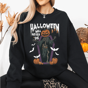 Halloween Will Never Die Spooky Jack O Lantern Pumpkin Haunted Autumn Night Graphic Illustration Collection Sweatshirt — view 1