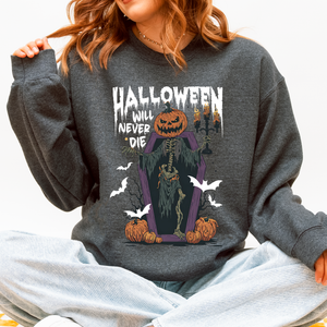 Halloween Will Never Die Spooky Jack O Lantern Pumpkin Haunted Autumn Night Graphic Illustration Collection Sweatshirt — view 4